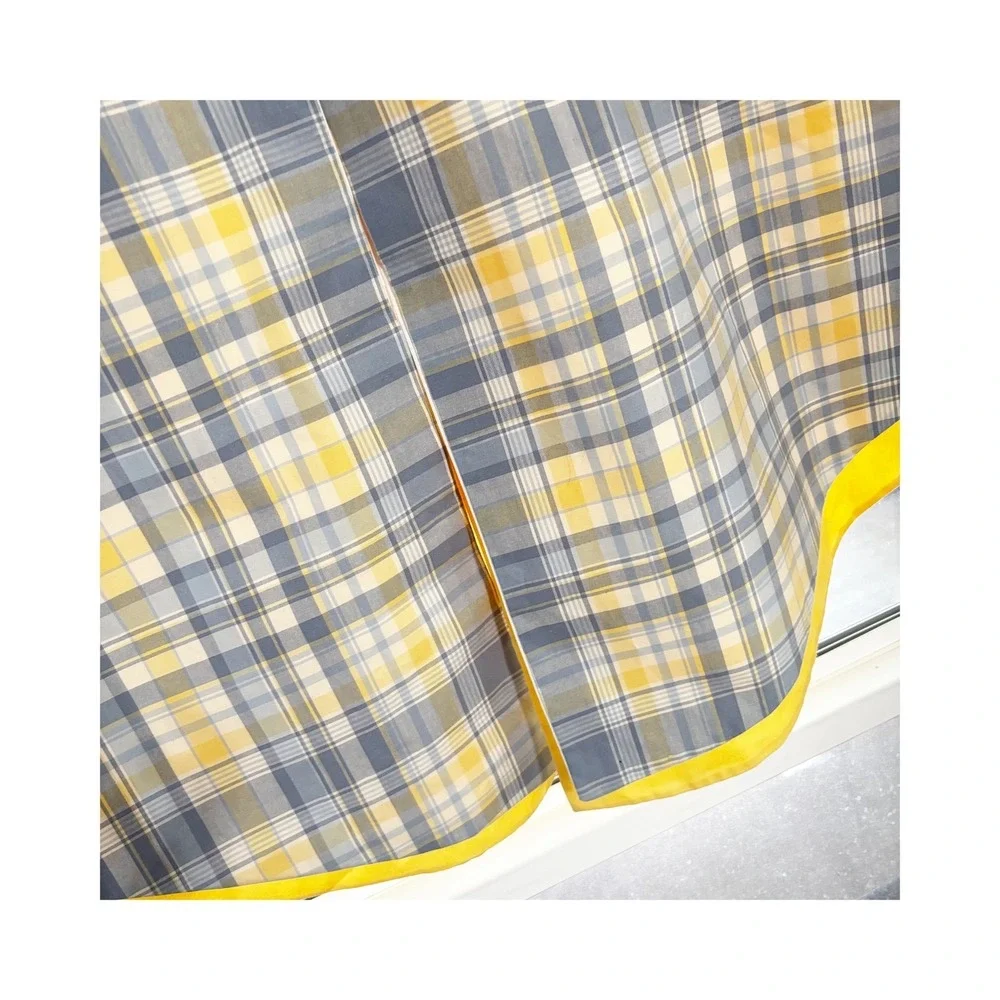 Country Heart‎ Valance Curtain Yellow Gray Plaid Kitchen Two Panels 30x25 Each
